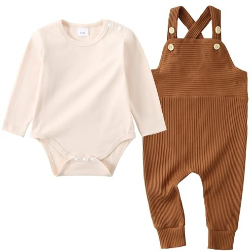 Zoerea Completo Bambino Neonato Bimbo Cotone Righe Pagliaccetto Manica Lunga + Salopette Pantaloni Abiti Completini e Coordinati Set Beige,12-18 mesi