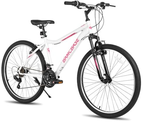 Hiland 26 Inch Women’s Mountain Bike, 21 Speed Steel Frame Adult Bicycle, Man MTB Bikes with Suspension Fork,White
