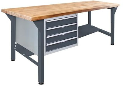 Steinbock Werkbank mit 4 Schubladen | 500 kg Tragkraft | HxBxT 85 x 200 x 75 cm | Anthrazitgrau | 5 cm Starke Massivholz-Arbeitsplatte | stabiles Stahlgestell | Made in EU | Profi-Werktisch