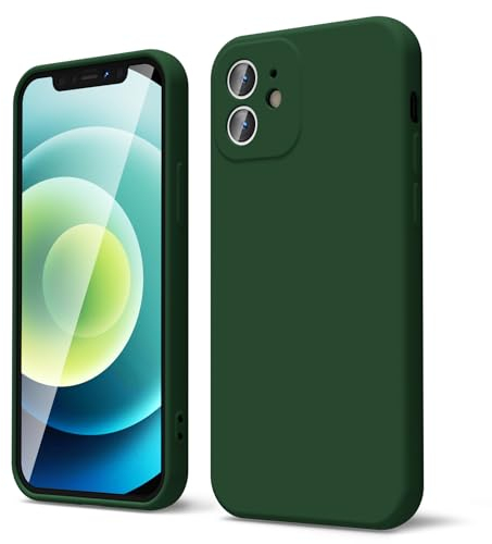 oakxco for iPhone 12 Case Liquid Silicone, Soft Rubber Gel Elegant Aesthetic Basic Simple Cover, Cute Thin Slim TPU Matte Solid Color Plain Smooth Case for Women Men Boy, Dark Green