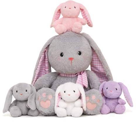 OUOZZZ 5 Stück Hase Kuscheltier Set, 28cm Weich Hase Plüschtier mit 4 Baby Hasen Stofftiere im Bauch - Baby Geburtstagsgeschenk für Mädchen Jungen Kinder