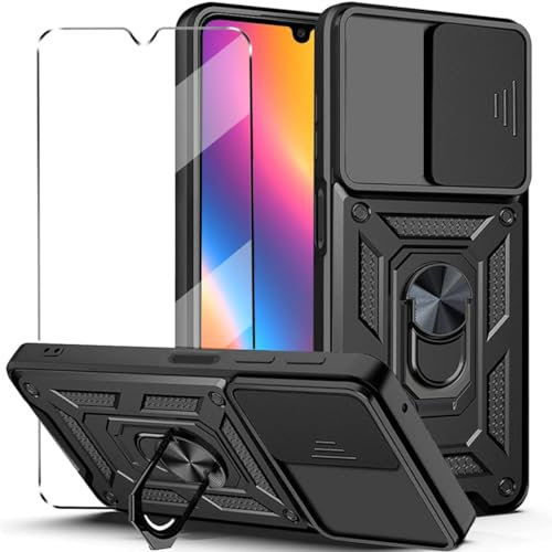 2-in-1 Case for Motorola Moto G84 Tempered Glass Case with Slide Camera Protection Cover Screen Protector Phone Case Heavy Duty Military Grade Protective Cover phone holder Case,Black