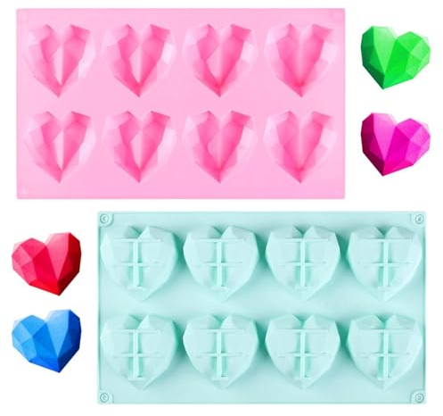 2 Stück Silikonformen Herz, 3D Diamant Herz Silikonform, 8-Kavität 3D Herz Silikon Seifenform Kuchen Form, Silikonform Diamant Herz Formen, Herzform Silikon zum Backen Käsekuchen,Mousse,Schokolade…
