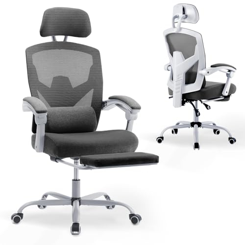 DUMOS Bürostuhl Ergonomisch - EIN Schreibtischstuhl mit Komfortarmlehnen, Ausgestattet mit Einer Bequemen Lendenwirbelstütze und Fußstütze, Office Chair Geeignet für Zuhause, Büro (Grau)