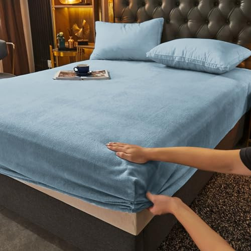 Gezu Spannbettlaken 140x200+30cm Hellblau Bettlaken aus Wollflanell und Korallenfleece Matratzenbezug Winterwärme Hypoallergen Bügelfrei Elastischer Saum Robust