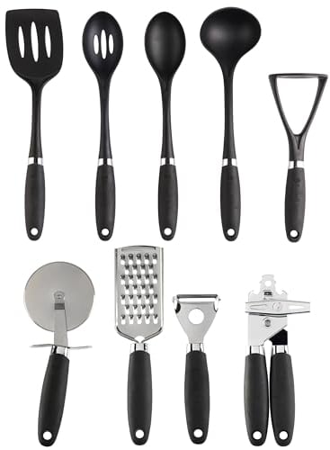 Russell Hobbs COMBO-9101 9 Piece Utensil Set – Venus Collection, Kitchen Tools & Gadgets, Nylon Cooking Utensils, Spoons, Turner, Pizza Cutter, Tin Opener, Ladle, Masher, Easy Clean, Black