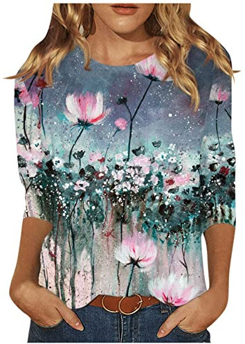 Tshirt Damen Sommer Must Have Lässig 3/4 Ärmeln Musselin Bluse 2024 Mode Bedruckt Oberteil Casual Shirt Locker T-Shirt Elegent Rundhal Top Vintage Langarmshirt (1-Dark Green,L)