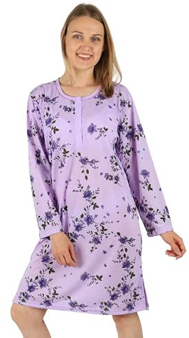 Schuerzenfabrik - Chemise de nuit à manches courtes pour femme, bleue, rose, violet, orange avec boutonnière, Chemise de nuit à manches longues, violette, 3XL