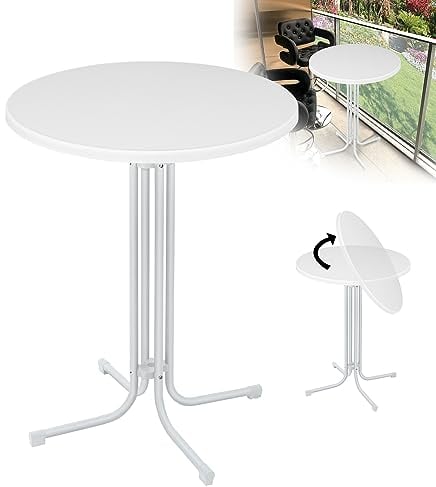 XMTECH Stehtisch Klappbar Ø 80 cm -Gastronomie Bistrotisch rund - 110cm hoch - Outdoor Bistrotisch Wetterbeständig höhenverstellbarer Fuß, Gartentisch Partytisch, Indoor & Outdoor, Weiß