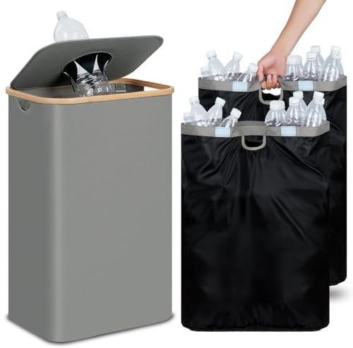 efluky 100L Poubelle de Recyclage, Collecteur de Bouteilles Consignées avec Couvercle, Rangement de Bouteilles Consignées avec Deux Sacs de Transport