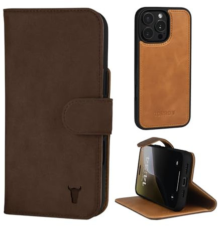 TORRO Nubuk Lederhülle kompatibel mit iPhone 16 Pro – Lederhülle mit Magnetisch Abnehmbarer Brieftasche mit Ständer und Kartenfächern (kompatibel mit Offiziellen MagSafe-Ladegeräten) - Dunkelbraun