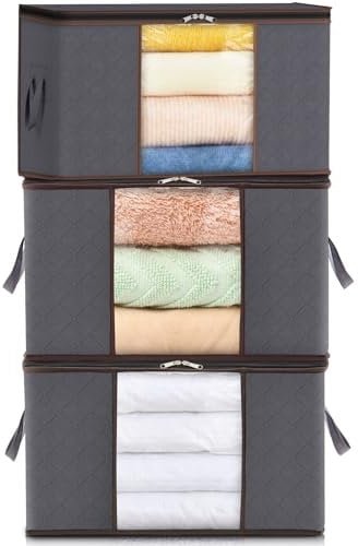 Lifewit 3 Stück Groß Aufbewahrungsbox mit Deckel, 75L Aufbewahrungstasche für Bettdecken Kleidung Aufbewahrung Schrank Kleiderschrank Organizer, faltbare Umzugskartons für Decken Kleider, Grau