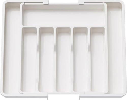 HIYAA Plateau d'Ustensiles Extensible pour Tiroir,Range Couverts,Organisateur de Tiroir pour la Cuisine,Support de Rangement en Plastique pour Couverts, Cuillères, Fourchettes,etc,Blanc