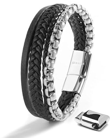 SERASAR Armbänder Herren Silber 23cm Männer Armband Leder Armreif Lederband Herrenarmreif Armschmuck Schmuck Flecht Wickelarmband Kette Leather Bracelet