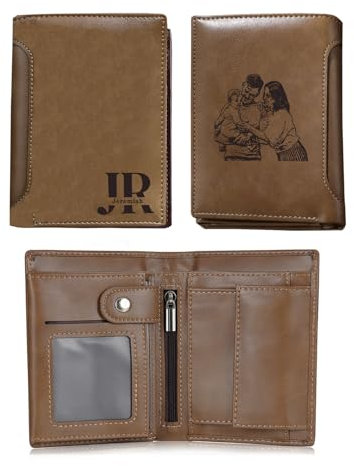 kaululu Personalisierte Geldbörse Herren mit Foto Portemonnaie mit Gravur Faltbare Geldbörse mit Karte Ausweis Bargeldhalter für Papa Ehemann Personalisierte Geschenk für Männer (Braun-2)