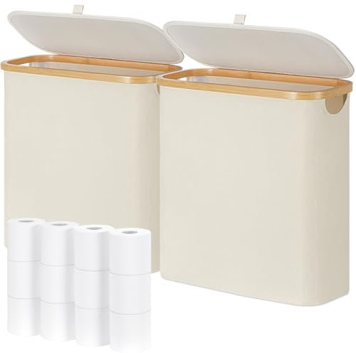 DIDAINT 33L Porta Rotolo Carta Igienica da Terra, Bambù Mobiletto Cestini Bagno Portaoggetti, Contenitore Carta Igienica con Coperchio für 9-16 Rollen Klopapier, Beige, 2x33L