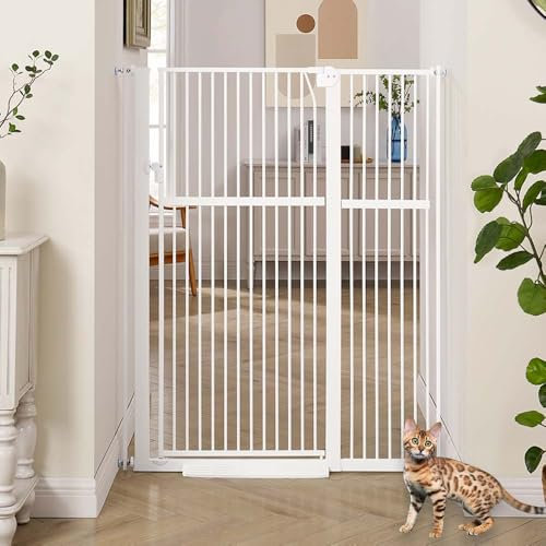 unipaws 142cm Tall Dog Gate 95-105cm Wide, Pressure Mounted Cat Gate for Doorway, Indoor Stair Walk Through Pet Gate, White