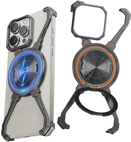 NIFBANG X Shape for iPhone 15 Pro Phone Case with Ring Stand,360° Rotatable Magnetic Kickstand,Minimalist Aluminum Metal Frameless Heat Dissipation Shockproof Screen Protective Bumper Cover,Black