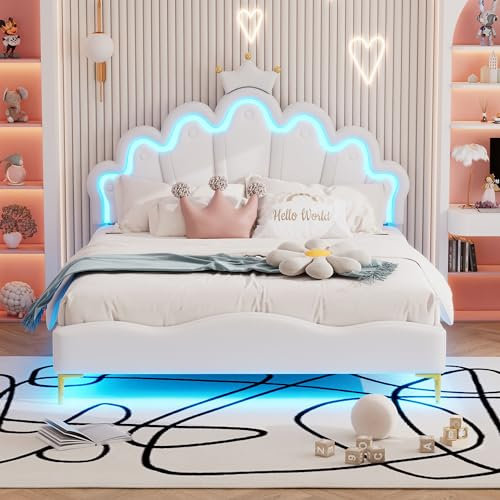 Jaxenor Bett 140x200 Polsterbett, MäDchen Bett mit Led und Kopfteil Lattenrost, PU-Leder Prinzessin Doppelbett Bettgestell füR MäDchen Teenager, (Ohne Matratze) weiß