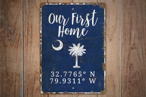 Unser erstes Zuhause Schild - Standortkoordinaten - Koordinaten Dekor - Koordinaten Schild blechschilder retro mit sprüchen vintage home deko 12x8 inch/30x20cm