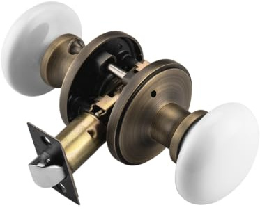 NCL Pomelli per porte bianche, pomello per porta, per interni, leve rotonde in porcellana, maniglie per porte in ottone anticato, serrature per porte per camera da letto e bagno