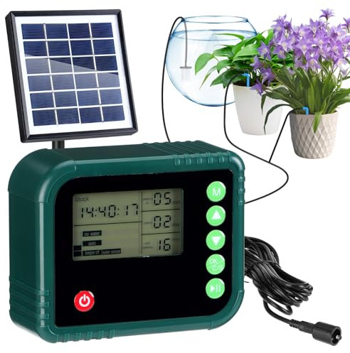 Solar Bewässerungssystem Automatische BewäSserung Modi, Bewässerungssystem Garten Balkon with Tropfschlauch für 15 Topfpflanzen, Regler mit LCD, Tröpfchenbewässerungsbausätze für Gewächshaus (IC018)