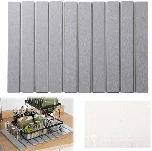 Hojalis Stone Dish Drainer Mat, 40x30cm Foldable Stone Dish Drying Mat for Kitchen Counter, Non-Slip Quick Dry Absorbent Diatomaceous Earth Bath Mats for Kitchen Dishes Bottles Cups Bathroom (Grey)