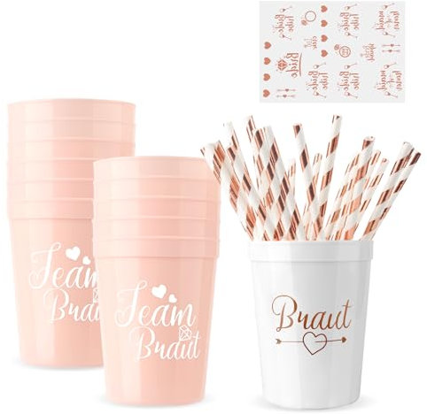 MOKIDO 12 Stück JGA Becher Set, Team Braut Partybecher mit Goldstrohhalmen, Tattoo-Sticker, Brautbecher für Bachelorette Party, Junggesellinnenabschied, Hochzeit, Frauenfest