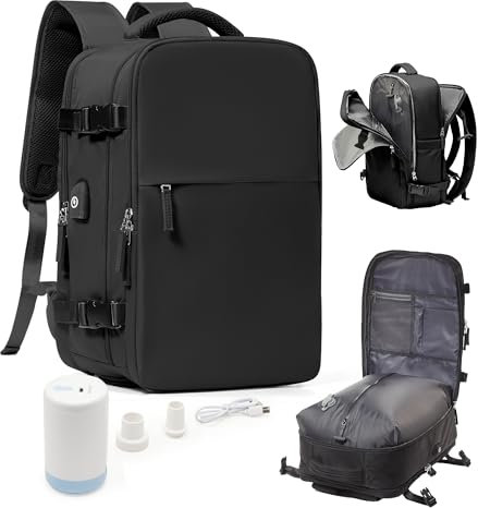 Sac a Dos sous Vide de Voyage Cabine Avion avec Pompe – Sac de Compression avec Airbag, Port USB, Bagage à Main Imperméable, Noir