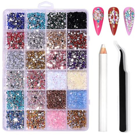 Nail Art Rhinestones, 3500 PCS Nail Glitter Gems with Pick Up Tweezers and Dotting Pen, Round Crystal for Nails Art Supplies & Decorations Face Craft Clothes