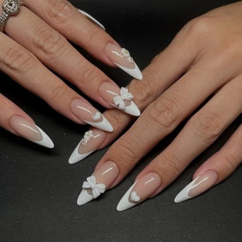 24PCS Almond False Nails - French Tip Nude Fake Nails with 3D White Bow - Medium Length Acrylic Press On Nails with Glue - 12 Sizes Stick on nails Elegant White Tips Design for Women