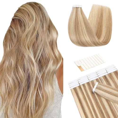 TESS Invisible Tape in Hair Extensions Real Human Hair 20PCS Hair Loss Cover or Highlights Reusable Glue Tape Hair Pieces for Women UK #12P613 Golden Brown & Bleach Blonde 22 Inch 50g