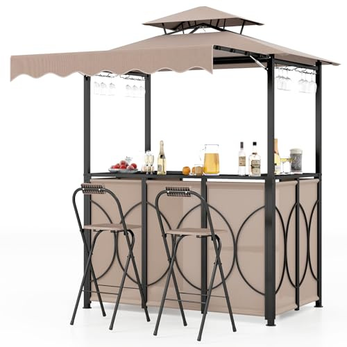COSTWAY Grillpavillon mit Bar, 2 Barhockern, Gartenpavillon mit Doppeldach & Markise, 3-teiliges Bar-Set: 1 Tisch, 2 Barstühle, Metallregalen, Grillüberdachungen wetterfest, 193x117x240cm (Braun)