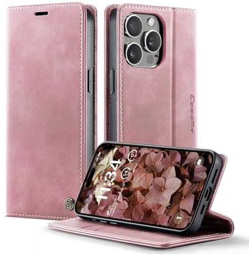 owlhold iPhone 15 Pro Max hülle klapphülle Premium PU Leder, RFID Schutzhülle, Faltbare Ständer, Handytasche Lederhülle Kartenfach Standfunktion Handyhülle iPhone 15 Pro Max - Rosa