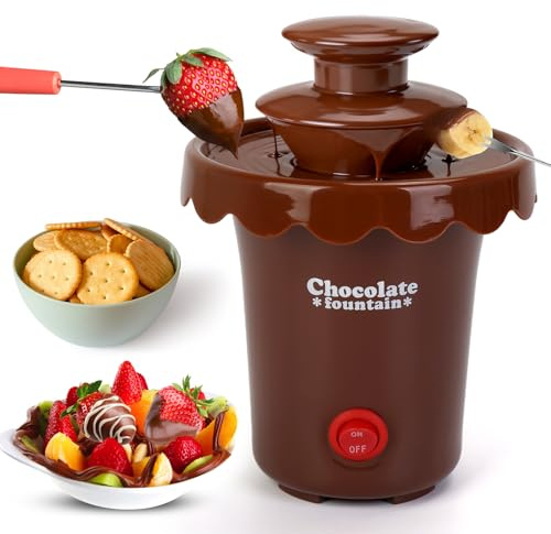 Yummy Sam 6oz Mini Chocolate Fountain Machine, 2 Tier Tower Plastic Cheese Electric Fountain BPA Free, Chocolate Melt Machine, for 2-3 People, Parties, 200ml Capacity with 10 Plastic Forks