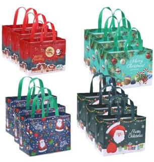 FUBESK Taschen Set von 4/8/12, große Vlies-Tragetaschen mit Griffen, wiederverwendbare faltbare Urlaubs-Geschenktüten für Weihnachtsmann, Baum, Strümpfe, Schneemann-Designs, für Partys (B)