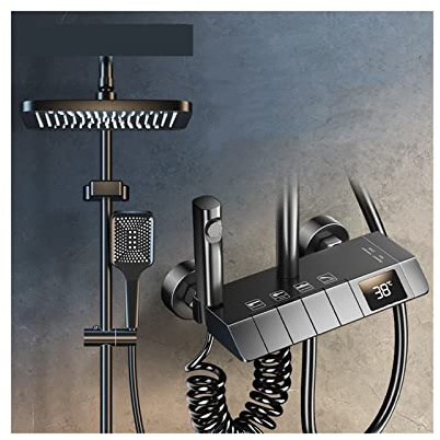 Set miscelatore termostatico per doccia, display digitale grigio, set rubinetto termostatico per doccia, rubinetto per vasca da bagno in ottone con soffione, miscelatore per bagno con mensola, idroel