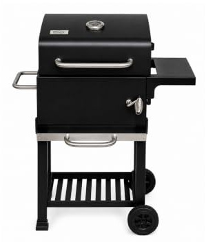 JARDIN202 - Barbacoa de Carbón con Tapa y Termómetro Kansas | Grill Ajustable con Parrilla Cromada y Calentador Superior| Ruedas Grandes | (Negro)