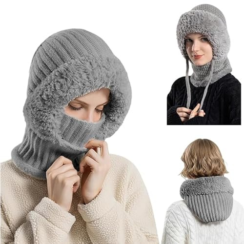 3 in 1 Beanie Mütze Wintermütze Damen, Balaclava Damen, Sturmhauben Mütze Mit Schal Und Maske, Multifunktional Verstellbar Sturmhaube Gesichtsmaske mit Dickes Fleece gefüttert für Frauen Outdoor(Grau)