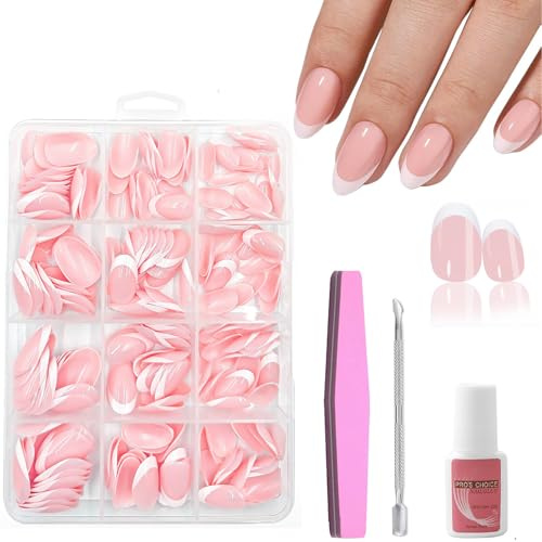False Nail Tips Kit - 240pcs Almond Press on Nails - French Tip False Nails Short with Glue - White Tip Pink False Nails - Full Cover Glue On Nails For Women Nail Art DIY Decorations