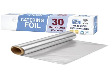 30m Long Kitchen Foil Roll, 30cm Wide Aluminium Foil with Cutter Box | Extra Long Tin Foil, Non Stick for cooking, baking, grilling, oven and freezer use
