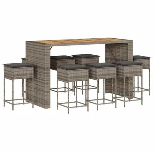 QJBSAVVA 9-TLG Gartenbar-Set mit Kissen Grau, Poly Rattan Festzeltgarnitur mit Akazienholz-Tischplatte und 8 Barhocker, Design Gartenmöbel Set modern für Terrasse, Balkon und Garten