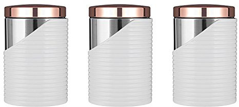 Tower Linear T826001RW Set of 3 Canisters with Air Tight Lid and Polished Stainless Steel, White and Rose Gold, 11.6 x 11.6 x 17 cm