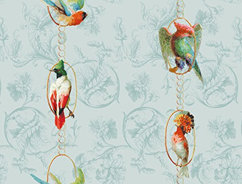 Klassisch edle Paradies Vogel Tapete Birds on a string mit Papageien auf Barock Muster hellblau, türkis - Vlies Tapete Ornamente Tiere Streifen - Klassische GMM Wandtapete (Muster 20 x 46,5cm)