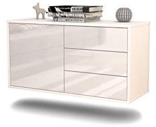 Lowboard Fort Worth hängend (92x47x35cm) Korpus weiß matt - Front Hochglanz Weiß - Push to Open - hochwertige Leichtlaufschienen