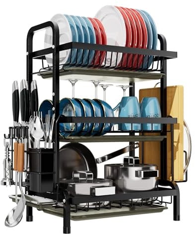 Dish Drainers Rack with Drip Tray, 3 Tier Large Dish Drying Rack with Draining Board and Cutlery /Chopping Board Holder over Sink, Dish Dryer Rack For Plate/Utensil on Kitchen Countertop (3-tier)