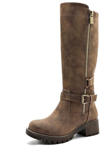 GLOBALWIN Women's Knee High Boots Riding Boots For Women Wide Calf Motorcycle Boots Low Heel With Side Zipper