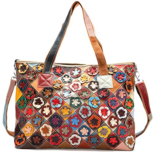 Karoukee Bunte Damen Handtasche, Stilvolle Echtleder Hobo Henkeltasche, Laptop Tote Bag Tasche mit Patchwork Design, Große Umhängetasche Schultertasche für Frauen