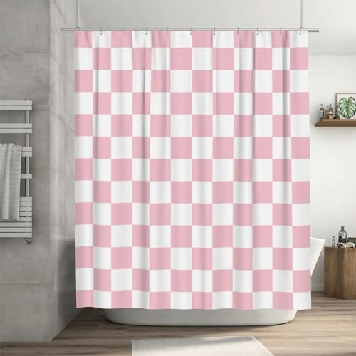 Ohocut karierter Duschvorhang für Badezimmer, hübsches Retro-Schachbrettmuster, Duschgardine in Vintage-Ästhetik, maschinenwaschbar, Stoffduschvorhang, Rosafarben, 183 x 183 cm