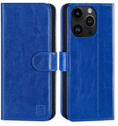 32nd PU Leder Mappen Hülle Flip Case Cover für Apple iPhone 15 Pro (6.1), Ledertasche Hüllen Mit RFID-Blockierung Kartensteckplatz, Magnetverschluss und Standfuß - Blau